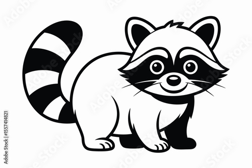 Black and white cartoon raccoon illustration with striped tail and smiling face