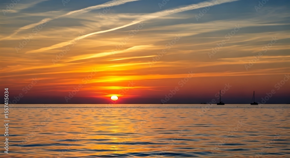 Obraz premium Stunning sunset over calm ocean waters with two sailboats silhouetted against the vibrant sky, creating a picturesque seascape.