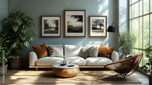 Modern cozy living room with natural light, neutral tones, indoor plants, framed wall art, and minimalist furniture in calming space.
