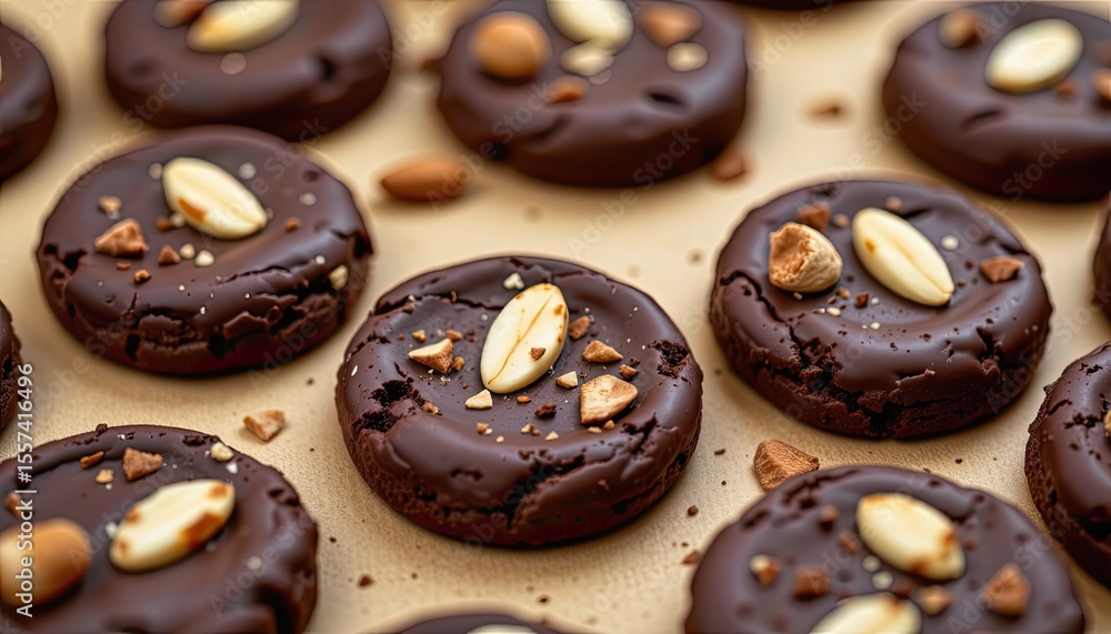 Dark Chocolate Cookies Topped with Almonds and Nuts on a Rustic Background Dark Chocolate Cookies Topped with Almonds and Nuts on a Rustic Background