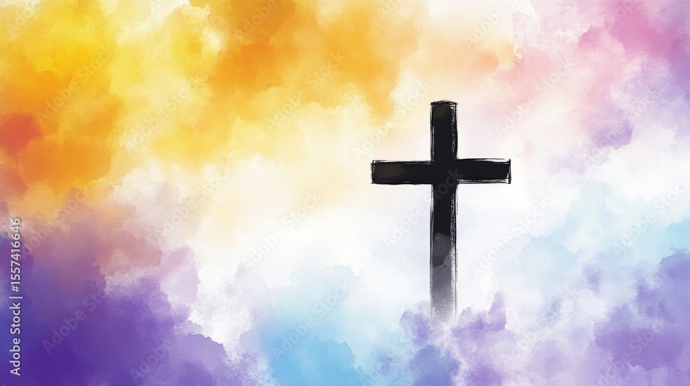 Centered black cross surrounded by vibrant blue, orange, yellow, pink, scratched brush stroke on distressed Centered black cross surrounded by vibrant blue, orange, yellow, pink, scratched brush stroke on distressed