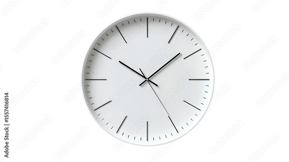 A minimalist white clock with black hands on a black background view on transparent background A minimalist white clock with black hands on a black background view on transparent background
