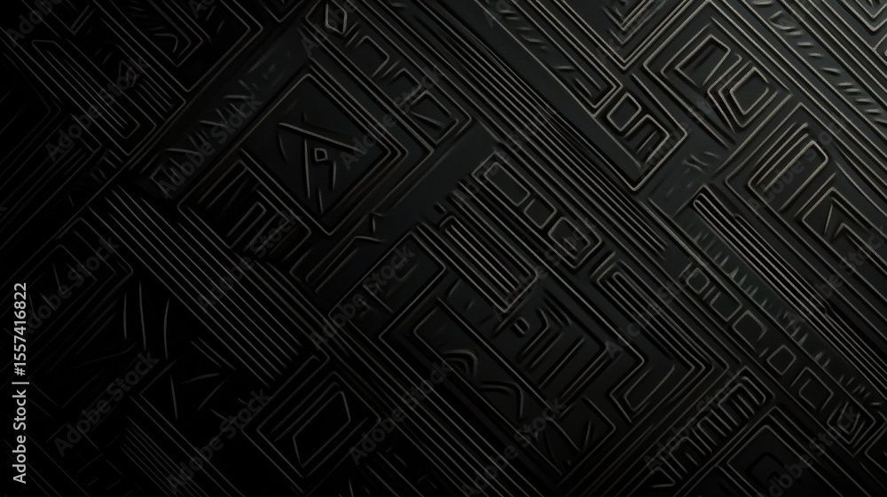 Dark Tribal Geometric Pattern with Diagonal Lines and Overlapping Shapes on a black background. Ethnic Dark Tribal Geometric Pattern with Diagonal Lines and Overlapping Shapes on a black background. Ethnic