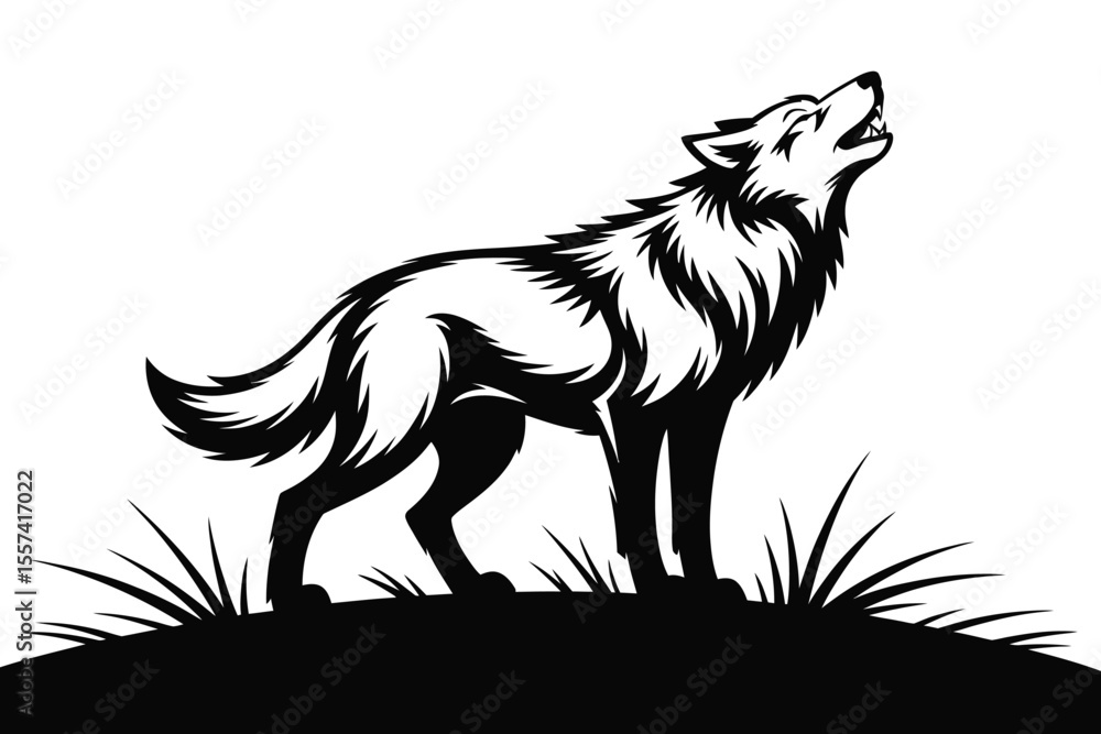 Obraz premium Black and white illustration of a howling wolf on a grassy hill