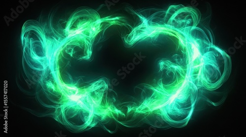 Green smoke swirling in circular pattern against black background creating neon frames with