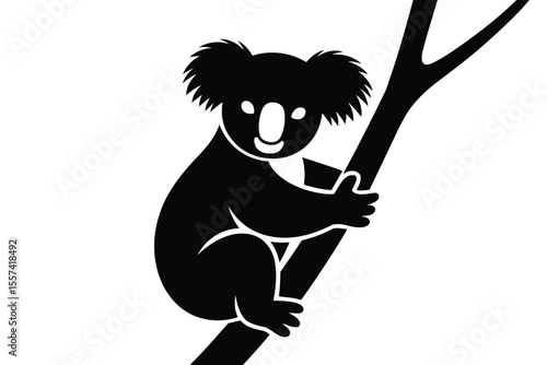 Black and white koala bear clinging to a tree branch illustration