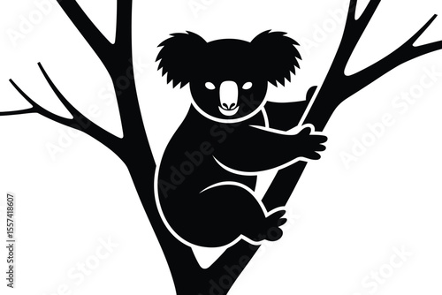 Black and white koala bear clinging to tree branches illustration