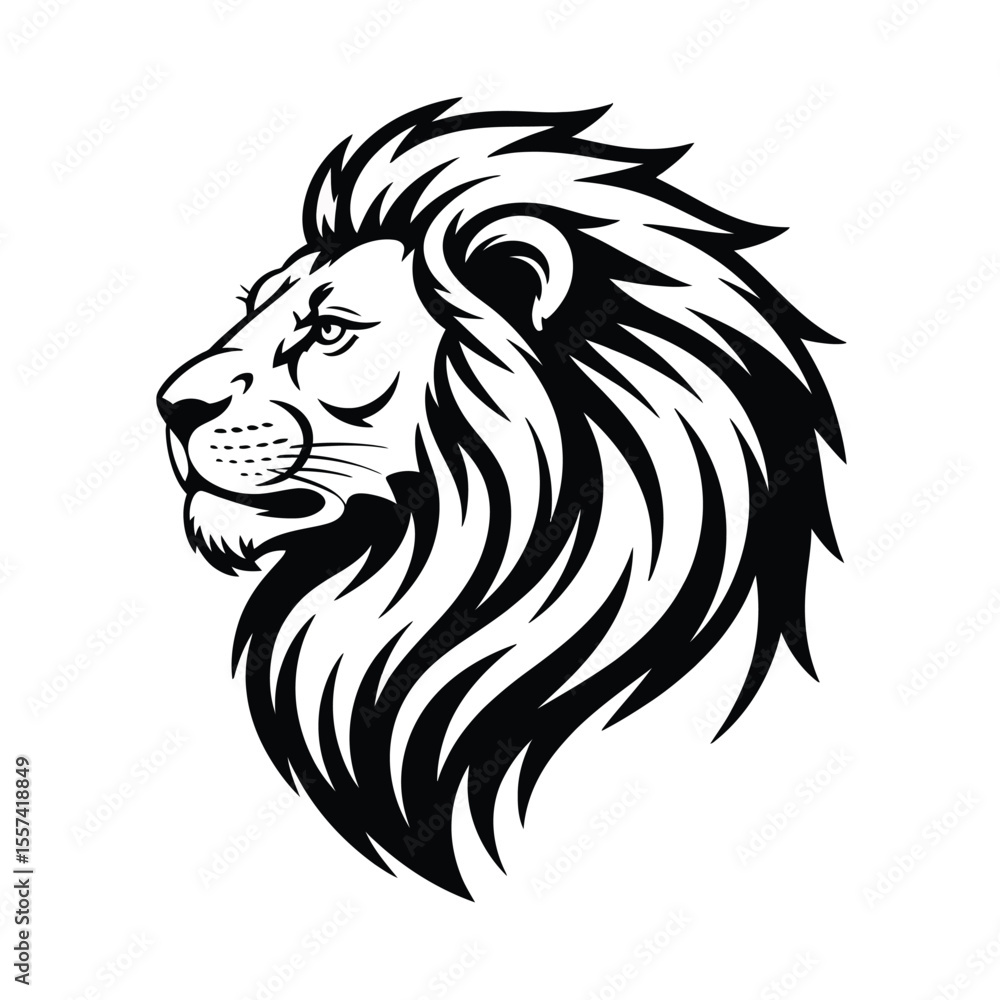 Fototapeta premium Black and white lion head profile graphic on white background