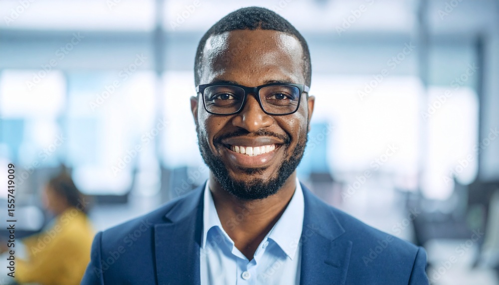 Fototapeta premium Portrait of confident African businessman in modern workplace setting, smiling at camera