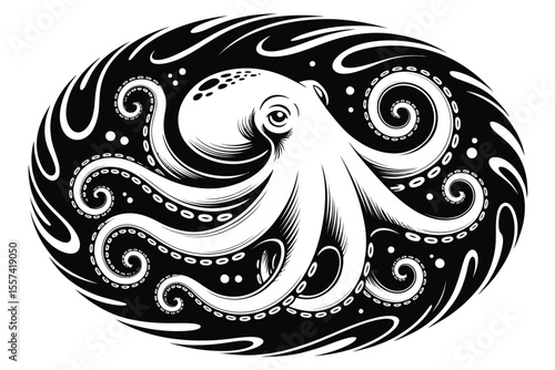 Black and white octopus illustration in an oval frame with swirling tentacles