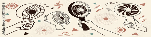 Illustration of hands holding fans with abstract shapes and suns on a light background art piece created with generated ai