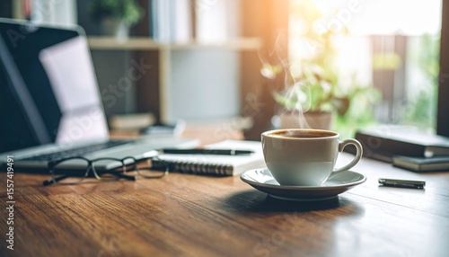 Cup of hot coffee on wooden desk in cozy office with soft morning sunlight