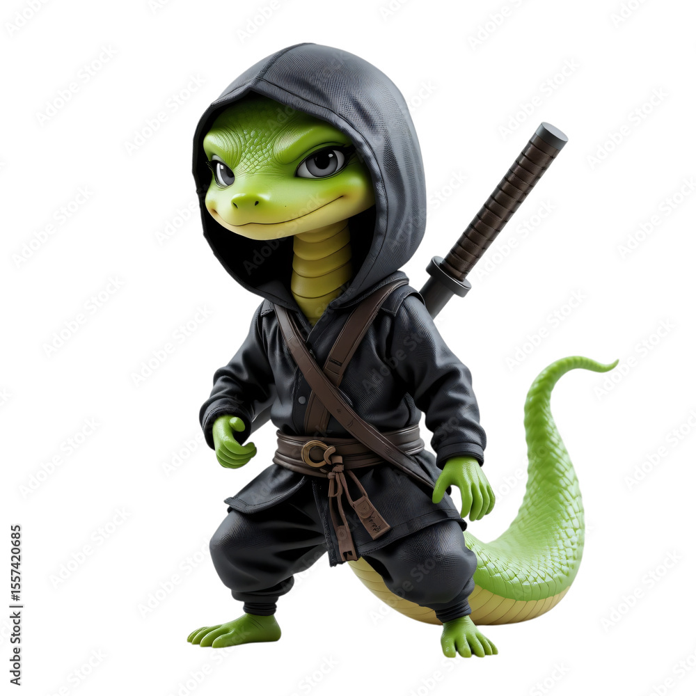 Obraz premium 3D Cute Green Snake in Black Ninja Outfit with Katana Sword