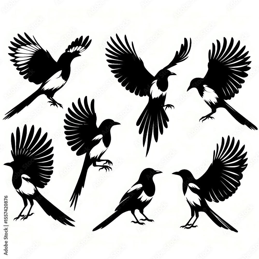 Obraz premium Flying bird silhouettes with feathered wings, an illustration of freedom
