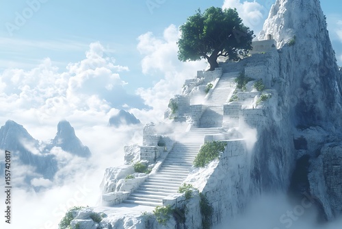 A fantasy world with white stone walls and stairs leading to the clouds, with a large tree in an ancient ruin.