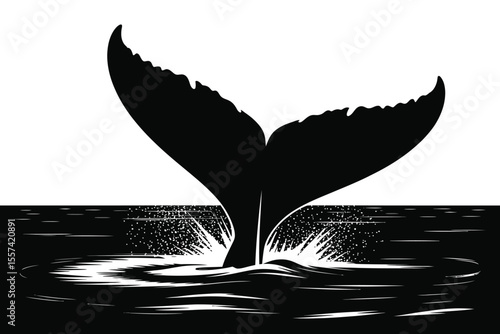 Black and white whale tail breaching water splash illustration