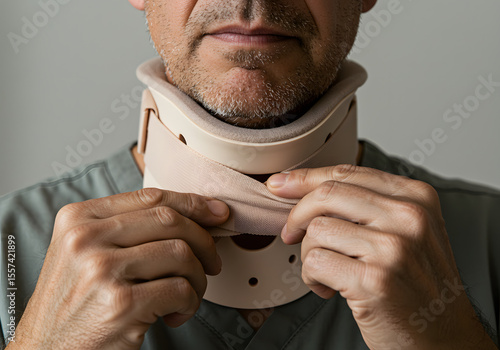 Person adjusting neck brace