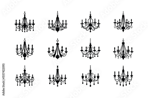 Twelve Chandeliers Silhouettes in Black on White Background
