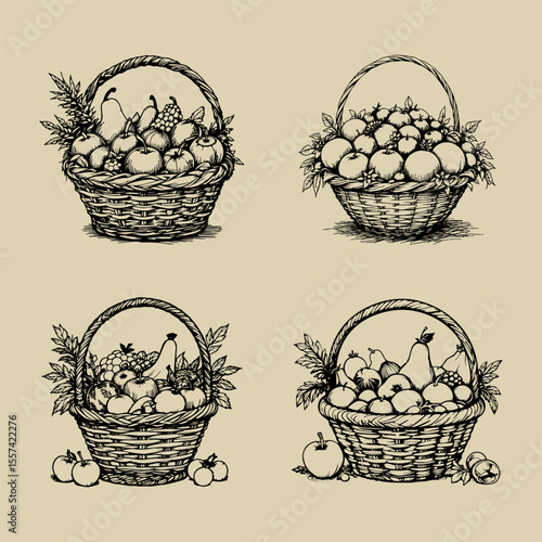 Set of four wicker baskets with a variety of fruits, including apples, pears, grapes and a banana. The baskets are surrounded by leaves, creating a cozy and colorful composition.trace