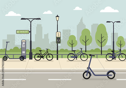 Illustration of a city street featuring bicycles, scooters, streetlights, and a bike-sharing station against a cityscape backdrop.