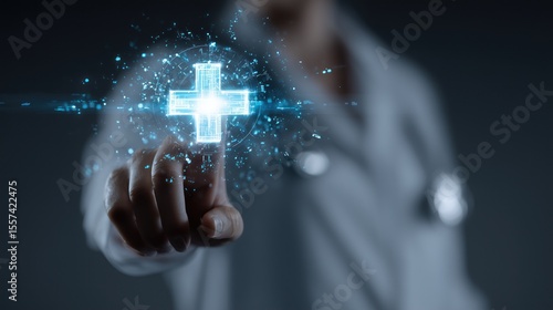 Doctor Interacting with Digital Medical Cross Symbol in Futuristic Healthcare Interface
