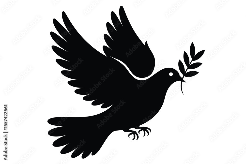Obraz premium Black Dove Silhouette with Olive Branch in Flight on White Background