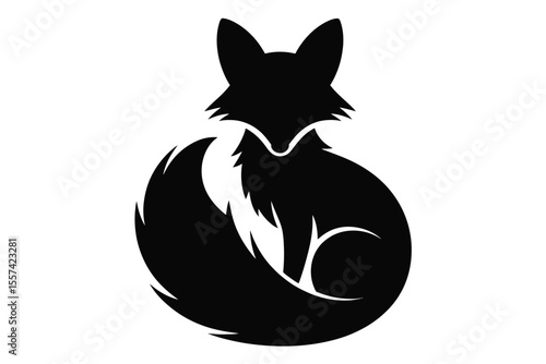 Black Fox Silhouette curled up with tail on white background