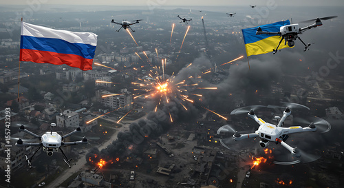 Drone warfare over a city ravaged by conflict, showcasing Russian and Ukrainian flags amidst explosions and destruction.