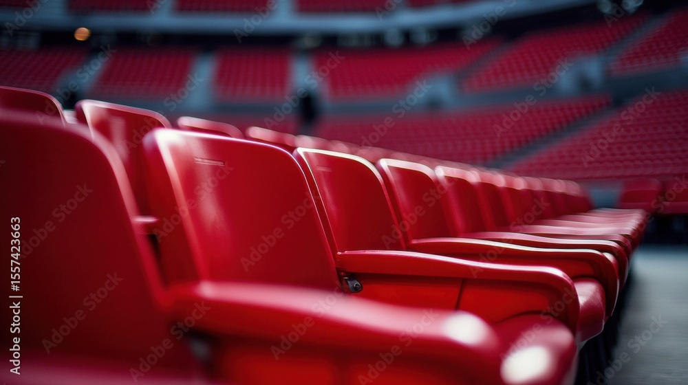 Fototapeta premium Neatly arranged row of red plastic chairs in a stadium empty seats