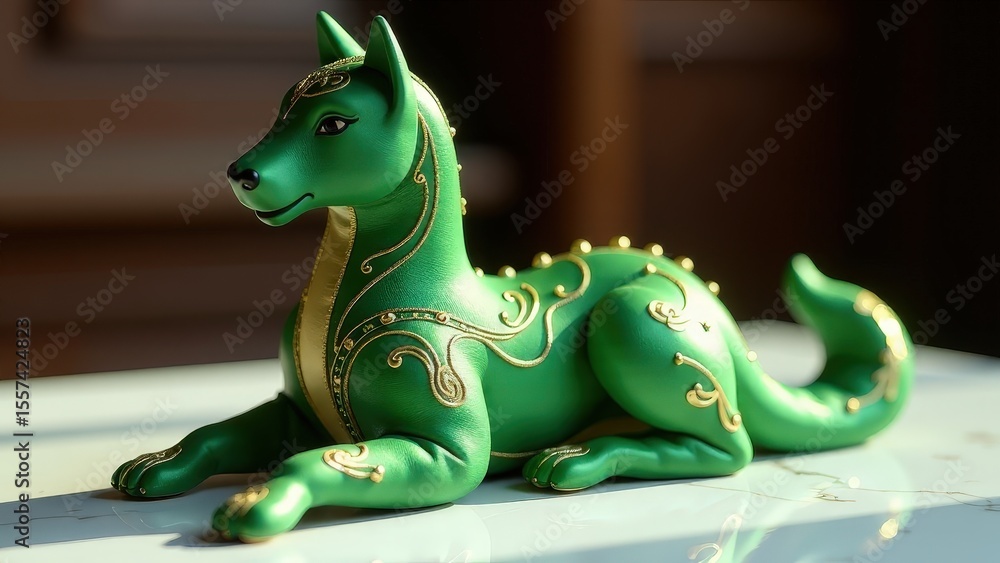 Fototapeta premium A vibrant green dog figurine adorned with gold accents, perfect for Lunar New Year decor.
