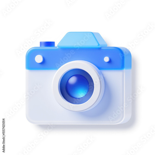 A 3D rendered icon of a blue camera. The camera is simple, modern, and minimalist in design, making it perfect for use in apps or websites.
