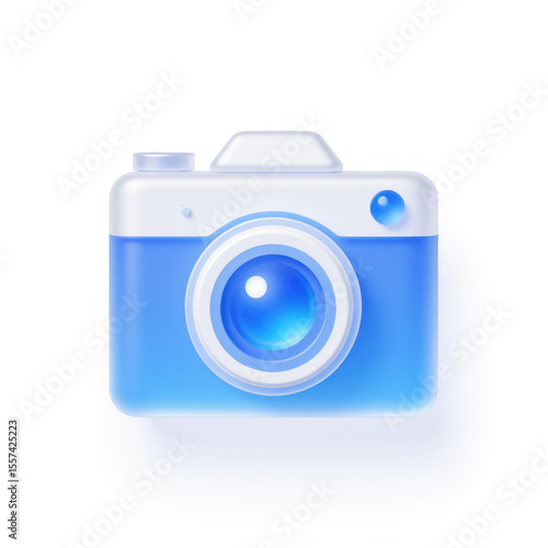 A 3D rendered icon of a blue camera. The camera is simple, modern, and minimalist in design, making it perfect for use in apps or websites.