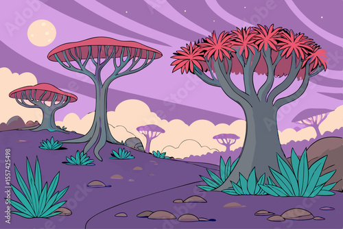 Alien Planet Landscape with Bizarre Plants and Colorful Sky Illustration