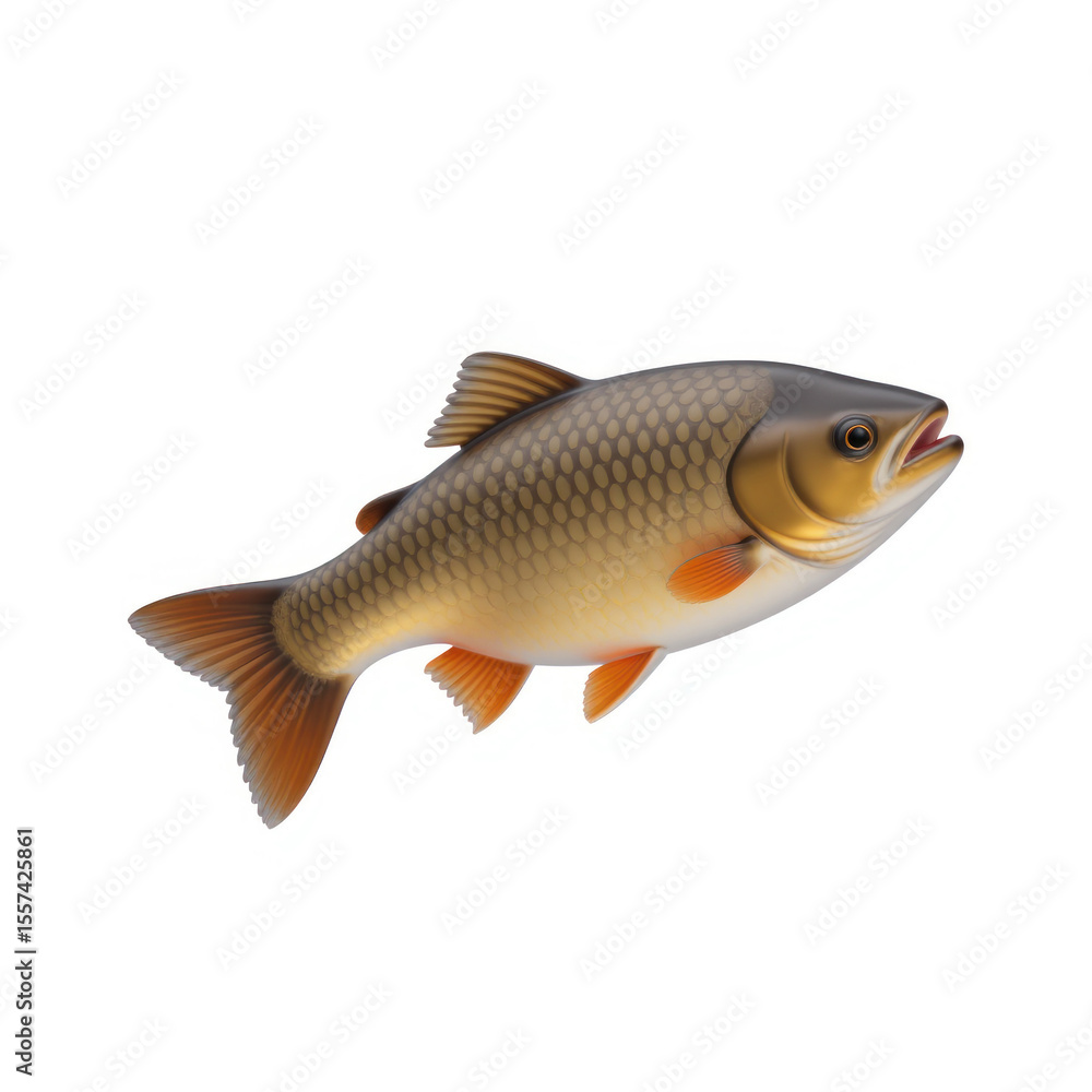 Fototapeta premium A vibrant orange fish, showcasing detailed scales and fins, is presented against a plain white background in a studio setting. 