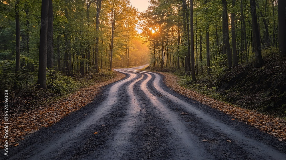 Naklejka premium Forest path at sunset