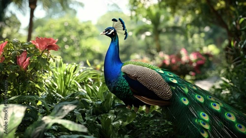 Wallpaper Mural Blue and gold peacock in a lush garden surrounded by flowering plants. Torontodigital.ca