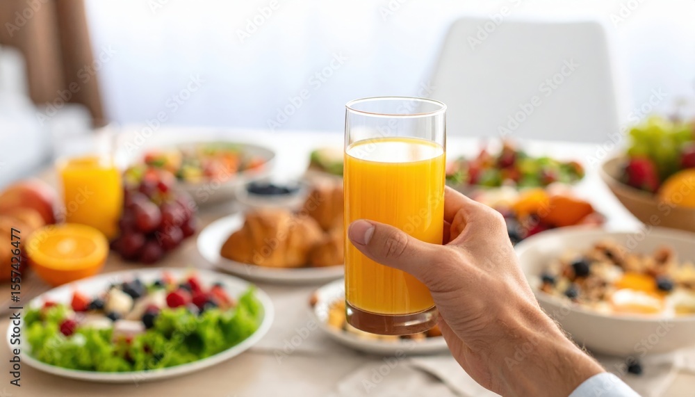 Hand Holding Glass Of Orange Juice Amidst Breakfast Spread Hand Holding Glass Of Orange Juice Amidst Breakfast Spread