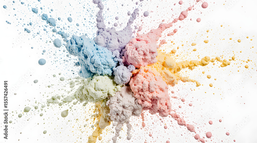 Obraz premium Colorful powder explosion captured mid-air on a white background