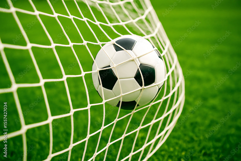 Fototapeta premium Soccer Ball in Goal Net with Green Field Background