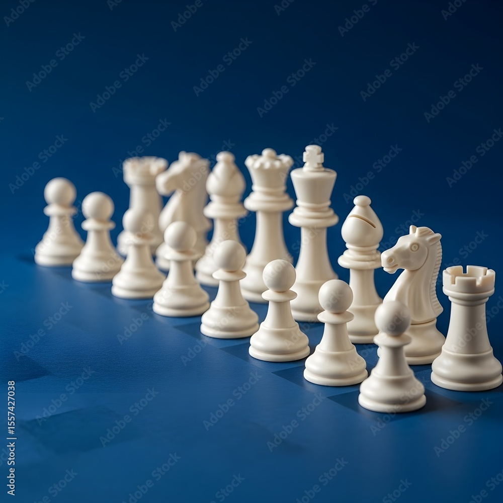 White Chess Pieces on Blue Background White Chess Pieces on Blue Background