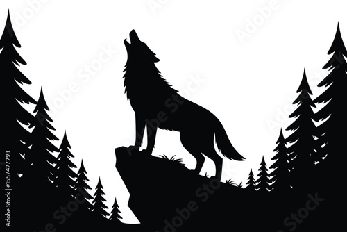Black wolf howling on a rock silhouette with pine trees against white background