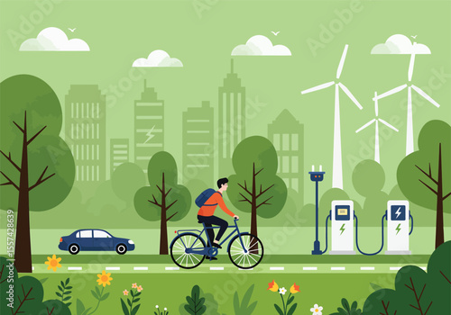Urban landscape with cyclist, electric vehicle charging stations, and wind turbines, showcasing sustainable transportation.