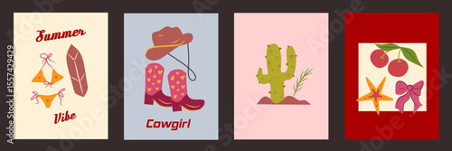 Hand drawn cowgirl coquettish cute illustration set, vector western bachelorette hand drawn party. Minimalist colorful background for card, poster, invitation, social media, printables collection.