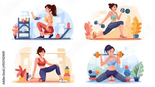 Fitness web page illustrations showing women in different training and wellness activities