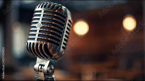 Close up vintage microphone in the background of a blurry scene