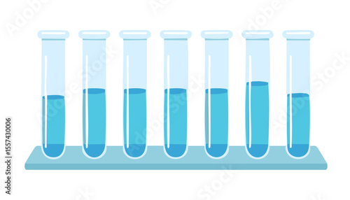 Creative classroom science art shows neat row of test vessels with dynamic liquid levels, flat shading style on uncluttered background, leaving ample room for promotional text or branding elements