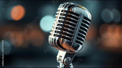 Close up vintage microphone in the background of a blurry scene