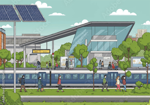 Illustration depicts a modern train station with people waiting and boarding the train, surrounded by greenery and solar panels.
