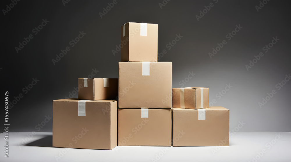 Fototapeta premium Cardboard boxes sealed with tape are stacked on top of each other, creating a simple and practical storage or shipping arrangement
