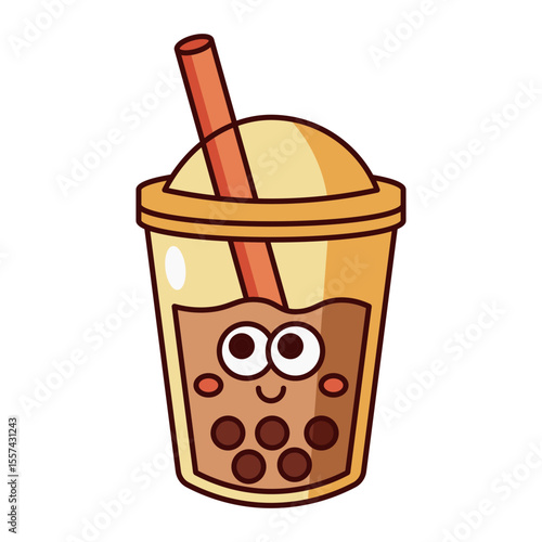 Cute yellow cup bubble tea icon isolated on white background